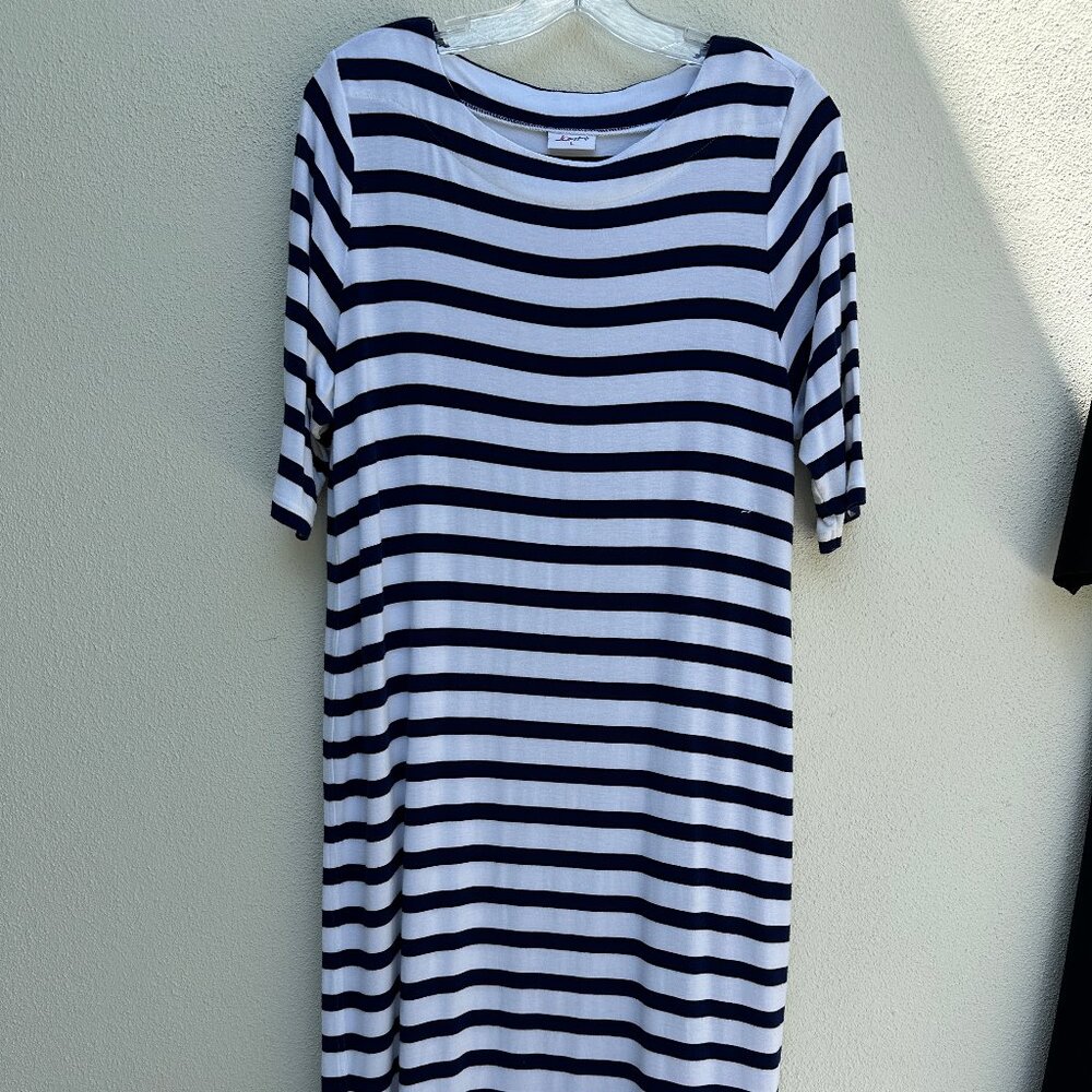 Jofit Navy Stripe Dress/ Super Comfy + Ready to Travel w Stretch/ Past Knee/ LG